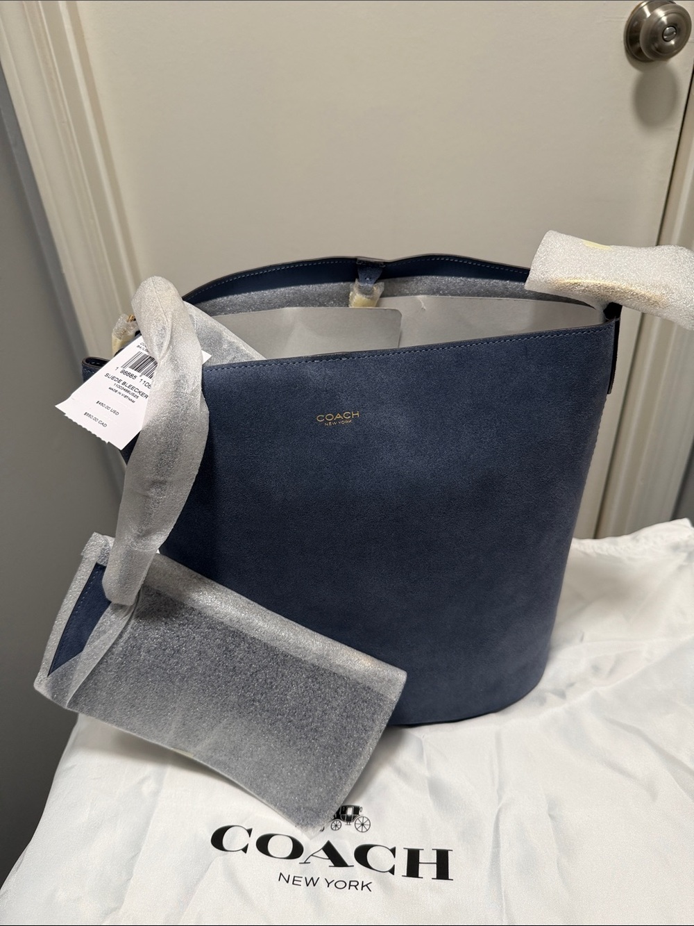 Coach Navy Suede Bucket Tote - Coach